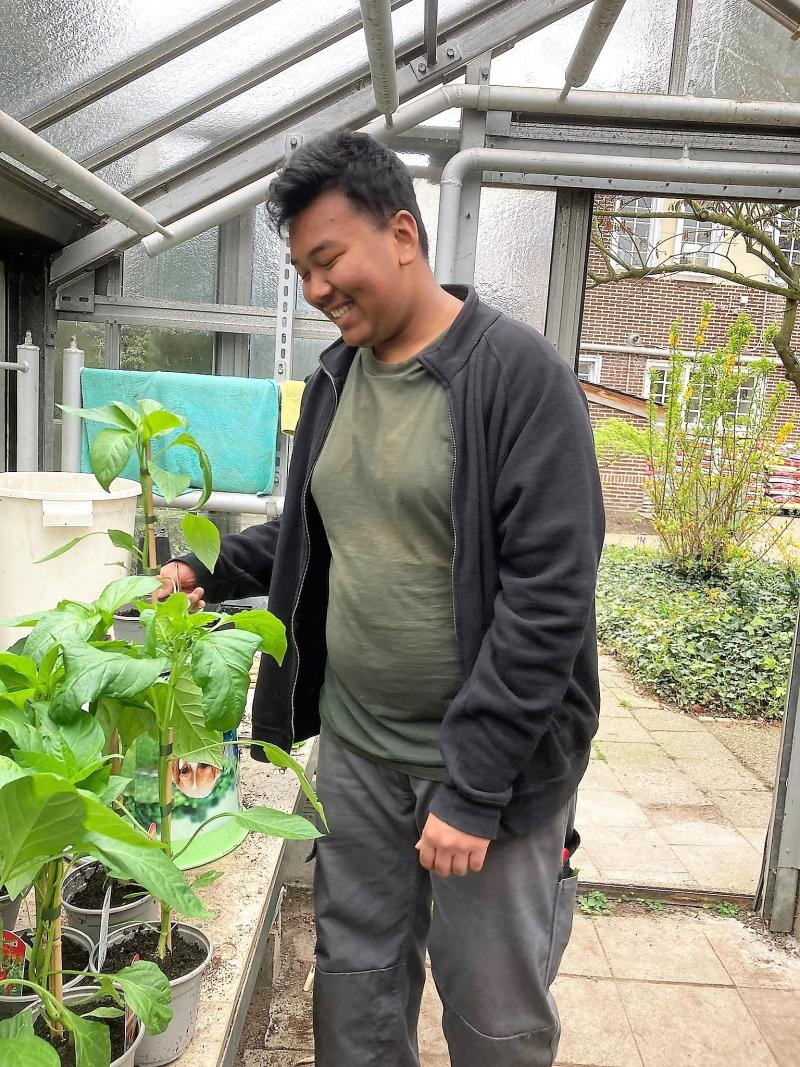 Leerling verzorgt planten voor de plantenverkoop van De Leerexpert Schotensesteenweg 252